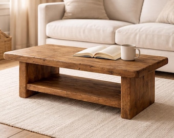 Rustic Solid Wood Coffee Table with Shelf – Farmhouse Living Room Table, Handmade, Custom Size