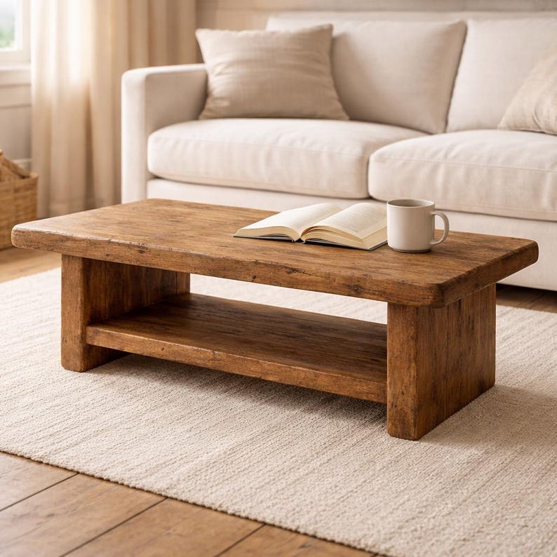 Rustic solid wood coffee table with thick tabletop and lower shelf, handmade farmhouse living room table, reclaimed wood texture with natural cracks and distressed finish, rectangular wooden center table, minimalist rustic furniture