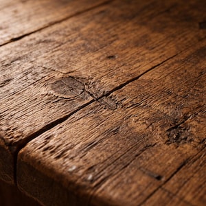 May include: A dark brown wooden surface featuring a rough, weathered texture with visible grain patterns, deep linear cracks, and several prominent circular knots embedded within the planks of the wood material.