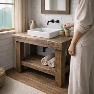 Rustic Solid Wood Bathroom Vanity with Thick Shelf – Handmade Farmhouse Sink Cabinet image 7