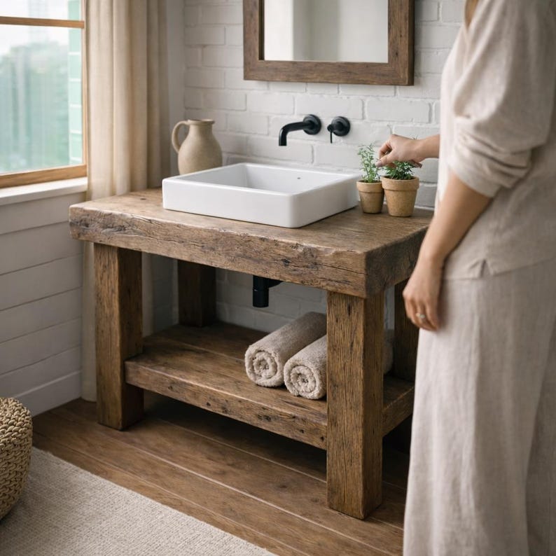 Rustic Solid Wood Bathroom Vanity with Thick Shelf – Handmade Farmhouse Sink Cabinet image 7