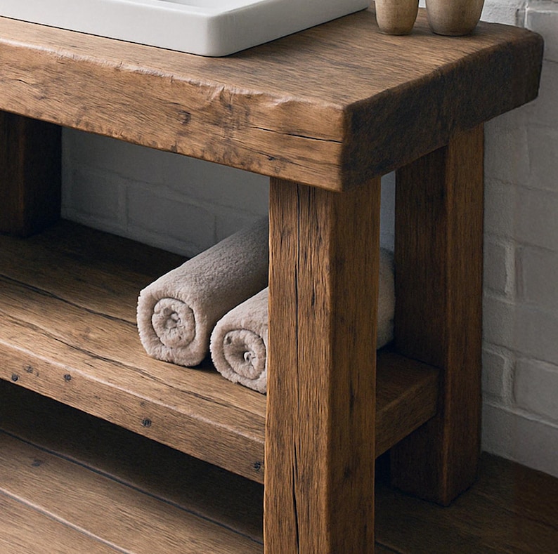 May include: A rustic wooden bathroom vanity with a lower shelf holding two rolled beige towels. The vanity has a thick, textured top and sturdy legs. The wood has a natural, aged appearance, adding warmth to the space.