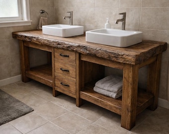 Rustic Bathroom Vanity Solid Wood – Handmade Reclaimed Wood Live Edge Vanity with Drawers and Shelf Farmhouse Custom Size