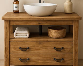 Rustic Solid Wood Bathroom Vanity with Drawers – Handmade Farmhouse Sink Cabinet