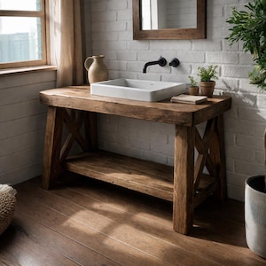 Mueble de baño de madera reciclada – Soporte rústico para lavabo estilo granja con estante – Consola de lavabo de madera maciza hecha a mano