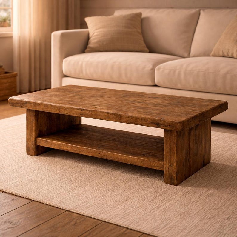 May include: A rectangular, low-profile wooden coffee table with a lower shelf. The table is made of a warm-toned wood and has a rustic, natural appearance. The table is approximately 48 inches long, 24 inches wide, and 16 inches high.