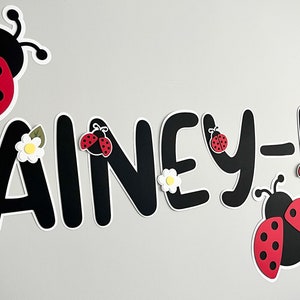 May include: Black and white letters spelling "Lainey-Bug" with red and black ladybug cutouts and white flowers.