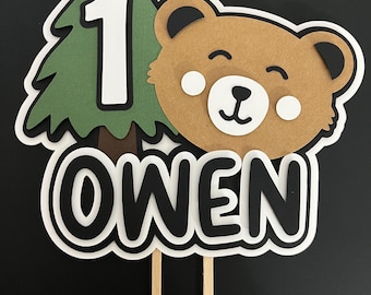 Personalized One Happy Camper first birthday cake topper.  One happy camper birthday decorations. Forest Woodland first Birthday.