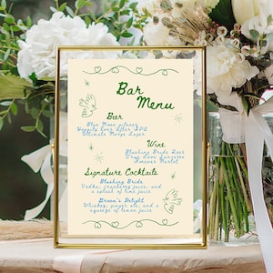 Plantilla de menú de bar caprichoso Plantilla de menú de bar de bodas Plantilla de letrero de bebidas de autor Menú escrito a mano Menú de fiesta colorido Para él y para ella