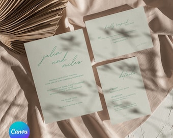 Green Invitation Set Template, Wedding Invitation Suite Template, Editable Minimal Wedding Invitation Suite, Dreamy Wedding Suite