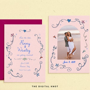 Grillige Save the Date-sjabloon foto Save The Date dubbelzijdig bewerkbare Save The Date geïllustreerde handgeschreven sjabloon direct downloaden
