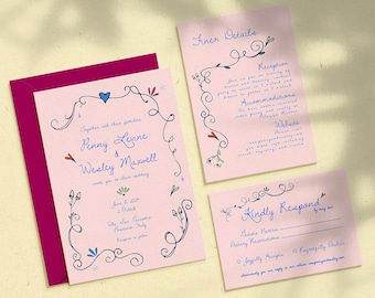 Plantilla de invitación de boda, boda caprichosa, plantilla de invitación de boda ilustrada, boda de destino, descarga instantánea, escrita a mano