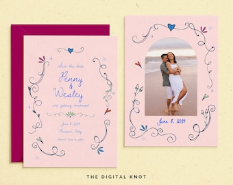May include: A pink save the date card with a hand-drawn border of swirls and hearts. The text reads "Save the date Penny & Wesley are getting married June 8, 2024 Pastana, Italy". A separate card with a photo of a couple on a beach is included.
