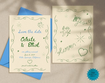 Whimsical Save the Date Template Hand Written Save The Date Double Sided Editable Save The Date Illustrated Template Instant Download