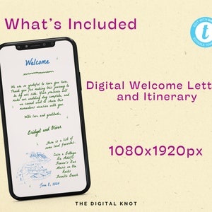 May include: A digital welcome letter and itinerary template for a wedding. The template is designed to look like a smartphone screen and features a welcome message, a list of local favorites, and the date June 8, 2024. The text is in a handwritten style and the background is a light green.