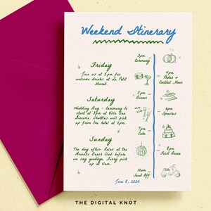 May include: A weekend itinerary for a wedding with a green and blue color scheme. The itinerary includes a ceremony, photos, cocktail hour, dinner, speeches, cake, first dance, and send off. The date is June 8, 2024.