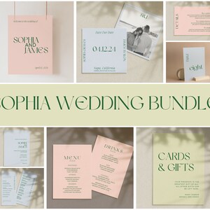 May include: A wedding invitation bundle with a green and pink color scheme. The bundle includes a save the date card, a wedding invitation, a details card, a table number card, a menu card, a drinks card, and a cards and gifts card. The text on the cards includes the names Sophia and James, the date 04.12.24, and the location Napa, California.