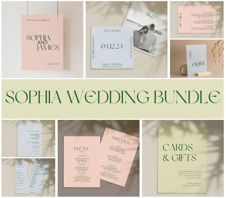 May include: A wedding invitation bundle with a green and pink color scheme. The bundle includes a save the date card, a wedding invitation, a details card, a table number card, a menu card, a drinks card, and a cards and gifts card. The text on the cards includes the names Sophia and James, the date 04.12.24, and the location Napa, California.