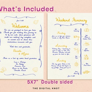 May include: Double-sided 5x7 inch wedding itinerary card with a welcome message and weekend schedule. The card features blue and gold handwritten text and illustrations on an off-white background. Includes the text "What's Included" and "Weekend Itinerary".