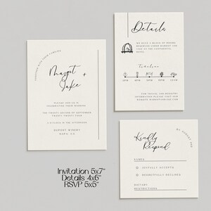 Op de afbeelding: Huwelijksuitnodigingsset met een zwart-wit ontwerp. De uitnodigingskaart toont de namen "Margot + Jake" in een handschrift. De detailkaart bevat een tijdlijn van de huwelijksdag, met pictogrammen voor de ceremonie, de receptie en het diner. De RSVP-kaart heeft een sectie waar gasten hun aanwezigheid en dieetbeperkingen kunnen aangeven. De tekst op de uitnodiging luidt: "We nodigen u uit om hun huwelijk te vieren op twee&euml;ntwintigste september tweeduizendvierentwintig om 15:00 uur Dupont Winery Napa, CA". De tekst op de detailkaart luidt: "We hebben een blok kamers gereserveerd onder Margot en Jake in het Continental Hotel. Tijdlijn 15:00 uur 16:00 uur 17:00 uur 18:00 uur 00:00 uur Voor reis- en registratie-informatie kunt u onze website margotandjake.com bezoeken". De tekst op de RSVP-kaart luidt: "Graag uw antwoord Namen Gaat graag mee Helaas afwezig Dieetbeperkingen Uiterlijk 3 augustus".