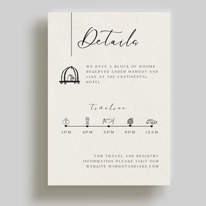 Op de afbeelding: Een kaart met details over een bruiloft met zwarte tekst op een cr&egrave;mekleurige achtergrond. De kaart bevat een tijdlijn van evenementen met pictogrammen voor de ceremonie, de cocktailtijd, het diner, het dansen en het vertrek. De tekst luidt "Details", "We hebben een blok kamers gereserveerd onder Margot en Jake in het Continental Hotel", "tracline", "3PM", "4PM", "5PM", "6PM", "12AM", "Voor reis- en registratie-informatie, bezoek onze website margotandjake.com".