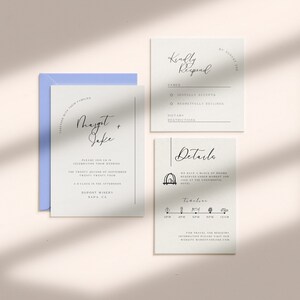 Op de afbeelding: Een huwelijksuitnodigingsset met een lichtblauwe envelop en drie witte kaarten. De hoofkaart bevat de namen Margot en Jake in kalligrafie en de datum van de bruiloft, 22 september 2024. De tweede kaart is een RSVP-kaart met de tekst "Kindly Respond". De derde kaart heeft de tekst "Details" en een tijdlijn van evenementen.