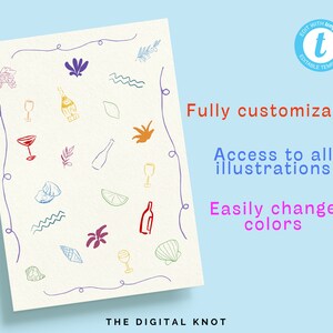 May include: A cream-colored paper with colorful doodle illustrations of wine glasses, bottles, and other cocktail-related elements. Text on the right says "Fully customizable", "Access to all illustrations", and "Easily change colors".
