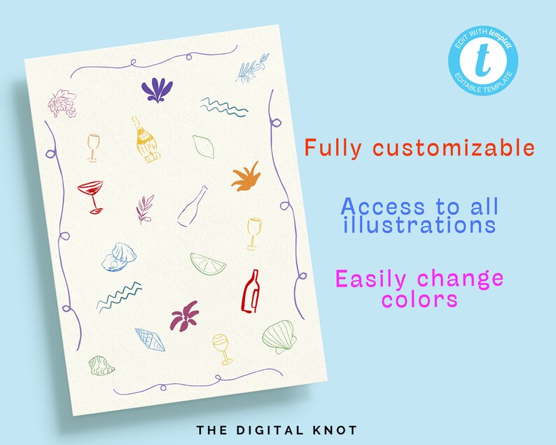 May include: A cream-colored paper with colorful doodle illustrations of wine glasses, bottles, and other cocktail-related elements. Text on the right says "Fully customizable", "Access to all illustrations", and "Easily change colors".