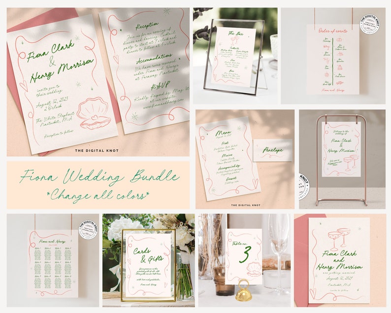 Pu&ograve; includere: Una suite di inviti di nozze con uno schema di colori verde e rosa. La suite comprende un biglietto di salvataggio della data, un invito, un biglietto RSVP, un menu, un biglietto di numero del tavolo e un cartello per il bar. Le carte presentano un design a conchiglia e il testo "Fiona Clark & Henry Morrison".