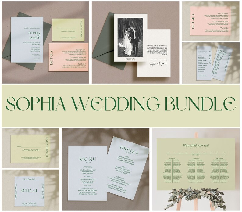May include: A wedding invitation suite with a green and white color scheme. The suite includes a save the date card, RSVP card, details card, menu card, drinks card, and a seating chart. The cards feature a simple, modern design with a green font.