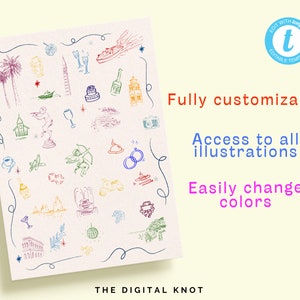 May include: A collection of colorful hand-drawn illustrations of various objects, including a palm tree, a boat, a glass of wine, a cake, a bottle of wine, a camera, a ring, a heart, a fountain, a disco ball, and a building. The illustrations are on a light pink background with a blue border.