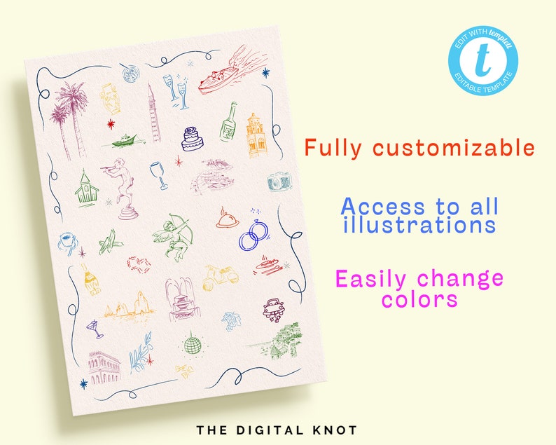 May include: A collection of colorful hand-drawn illustrations of various objects, including a palm tree, a boat, a glass of wine, a cake, a bottle of wine, a camera, a ring, a heart, a fountain, a disco ball, and a building. The illustrations are on a light pink background with a blue border.