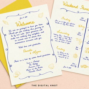 Plantilla de carta de bienvenida para boda, carta de boda caprichosa, nota de bolsa de bienvenida para boda, cronograma de eventos de boda, imprimible, descarga, editable