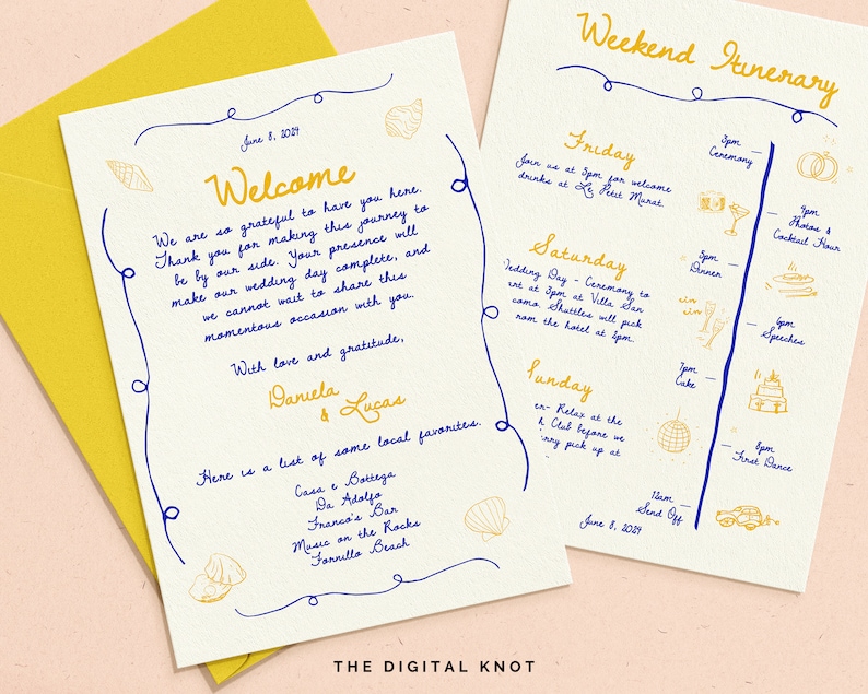May include: A wedding invitation and itinerary set on textured paper, featuring handwritten calligraphy in blue and yellow. The invitation says "Welcome" and the itinerary outlines the weekend's events. A yellow envelope is visible.