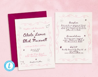 Whimsical Wedding Invitation Suite Handwritten Wedding Invite Suite Colorful Wedding Invitation Template Double Sided Instant Download