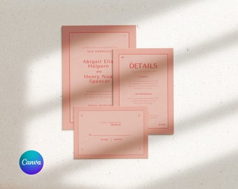 May include: Three pink wedding invitation cards with red borders. The largest card displays names and event details. The middle card reads "THE DETAILS." The smallest card is a response card. The Canva logo is in the bottom left corner.