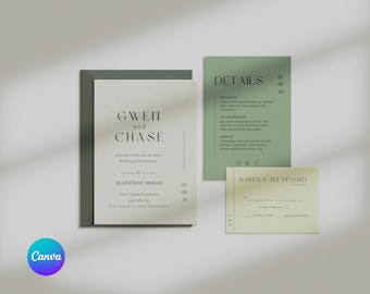 Wedding Invitation Suite Sage Green Wedding Invitation Detail Card RSVP Digital Download Instant Download Canva Template Boho Wedding