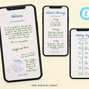 Carta de bienvenida de boda digital Plantilla de itinerario de boda Plantilla de itinerario de boda móvil Guía de fin de semana de boda Itinerario de fin de semana de boda