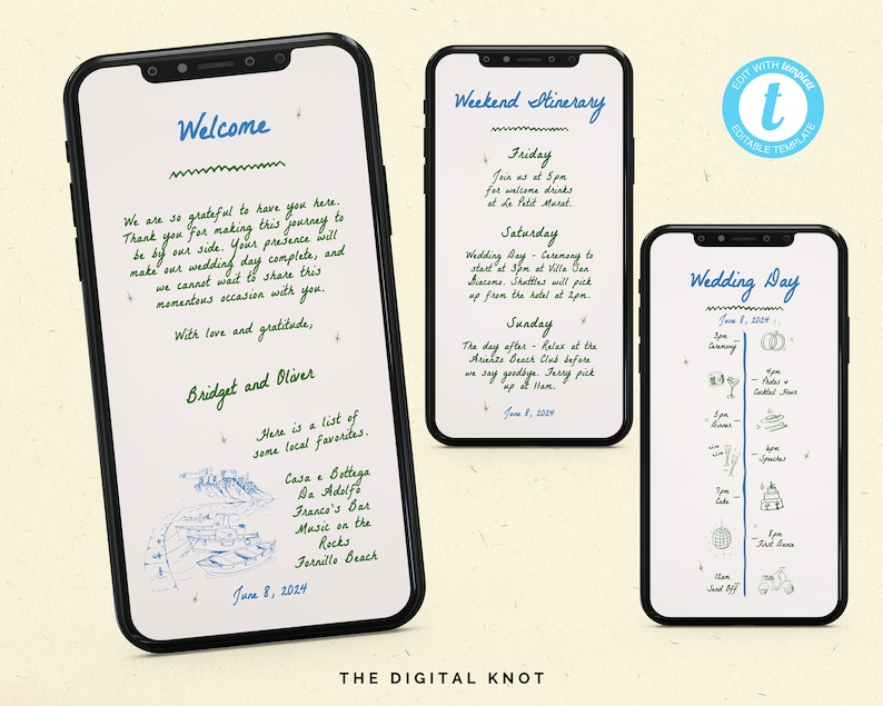 May include: A digital wedding invitation suite with a white background and green and blue text. The invitation includes a welcome message, a weekend itinerary, and a wedding day timeline. The text includes the names Bridget and Oliver, the date June 8, 2024, and the location Vila San Biscons.