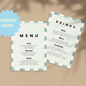 Modelo de menu de casamento Menu de comida e bebida Modelo de menu dupla face Menu de chá de bebê Menu de batismo Menu de aniversário Modelo editável no Canva