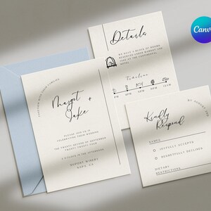 Op de afbeelding: Een huwelijksuitnodigingsset met een cr&egrave;mekleurige achtergrond en zwarte tekst. De uitnodigingskaart bevat de namen "Margot + Jake" en details over de huwelijksceremonie. De RSVP-kaart bevat een tijdlijn, een "Graag reageren" sectie en een plek voor gasten om hun aanwezigheid en dieetbeperkingen aan te geven. De uitnodiging is geplaatst op een lichtblauwe achtergrond.