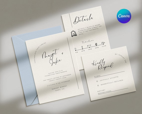 Wedding Invitation Suite Minimalist Wedding Invitation Detail Card RSVP Digital Download Instant Download Canva Template Wedding Itinerary