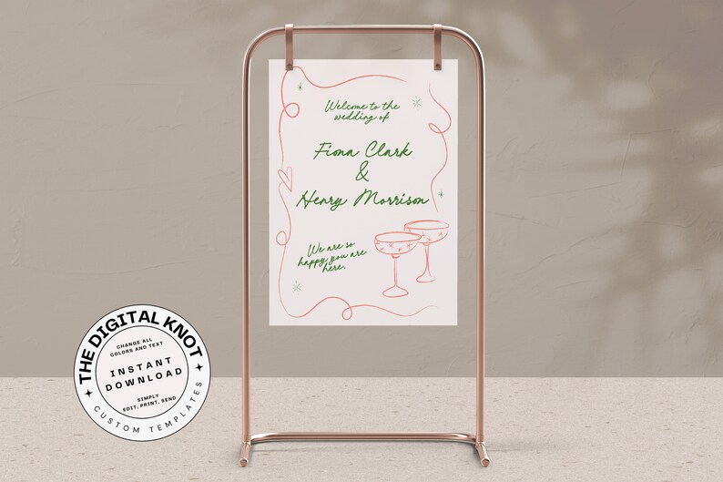 Pu&ograve; includere: Un cartello da matrimonio stampabile con un design rosa e bianco. Il cartello dice "Benvenuti al matrimonio di Fiona Clark & Henry Morrison. Siamo cos&igrave; felici che siate qui."