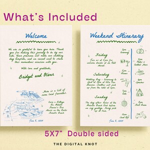 May include: A 5x7 inch double-sided wedding invitation with a green and blue color scheme. The front side features a welcome message with a hand-drawn illustration of a seaside town. The back side includes a weekend itinerary with a list of events and times.