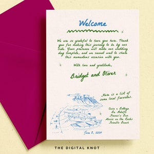 May include: Welcome card with a hand-drawn illustration of a seaside town. The card features the text "Welcome" in blue, "Bridget and Oliver" in green, and a list of local favorites: Casa e Bottega, Da Adolfo, Franco's Bar, Music on the Rocks, Fornillo Beach. The date June 8, 2024 is printed at the bottom.