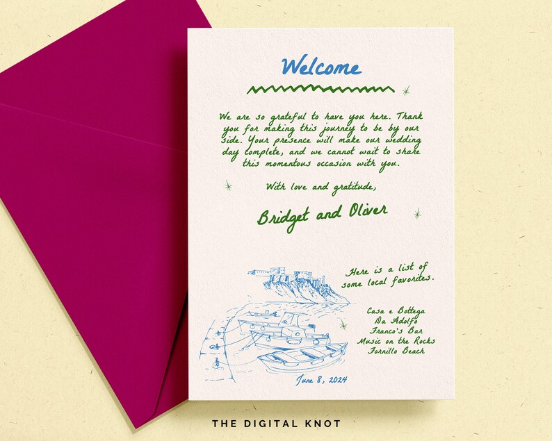 May include: Welcome card with a hand-drawn illustration of a seaside town. The card features the text "Welcome" in blue, "Bridget and Oliver" in green, and a list of local favorites: Casa e Bottega, Da Adolfo, Franco's Bar, Music on the Rocks, Fornillo Beach. The date June 8, 2024 is printed at the bottom.