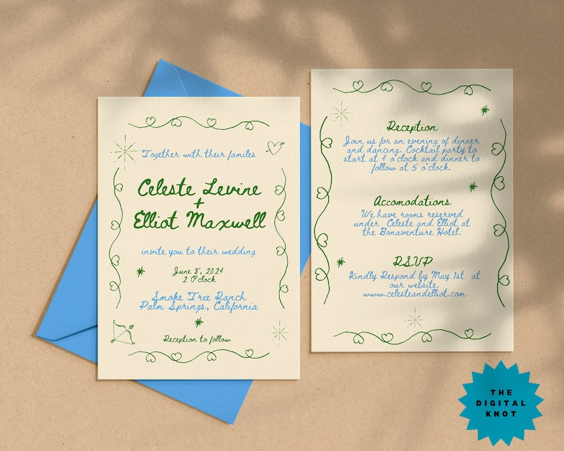 Whimsical Wedding Invitation Suite Handwritten Wedding Invite Suite Colorful Wedding Invitation Template Double Sided Instant Download image 1