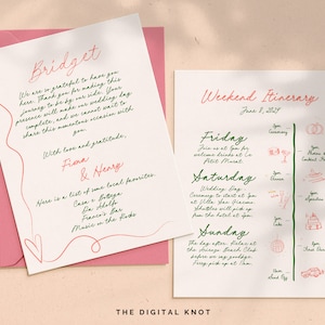 Plantilla de carta de bienvenida para boda, carta de boda caprichosa, nota de bolsa de bienvenida para boda, cronograma de eventos de boda, imprimible, descarga, editable