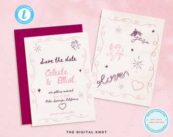 Whimsical Save the Date Template Hand Written Save The Date Double Sided Editable Save The Date Illustrated Template Instant Download