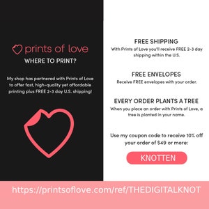 Op de afbeelding: Een roze hartgrafiek met de tekst "prints of love" en "WHERE TO PRINT?"  De tekst onder het hart luidt "My shop has partnered with Prints of Love to offer fast, high-quality yet affordable printing plus FREE 2-3 day U.S. shipping!"  De rechterkant van de afbeelding toont de tekst "FREE SHIPPING" en "With Prints of Love you'll receive FREE 2-3 day shipping within the U.S."